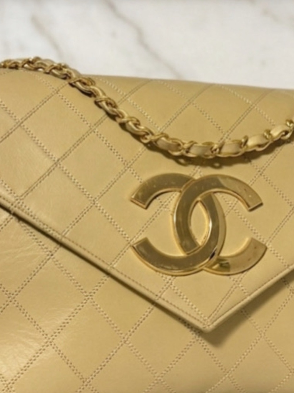 VINTAGE CHANEL Quilted Envelope Bag in Beige with Gold Hardware. Oversized CC